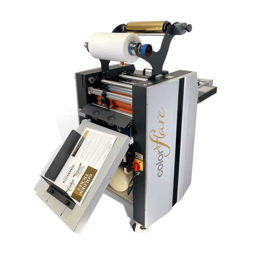 CF2000-3Q-transp-brDS1200sq ColorFlare CF2000 Laminator and foiler equipment main image CF2000 Semi-automatic laminator and foiler, professional model coloured metallic toner foil machine. Add color metallic toner foils or lamination & holographic effects - Jon Filer